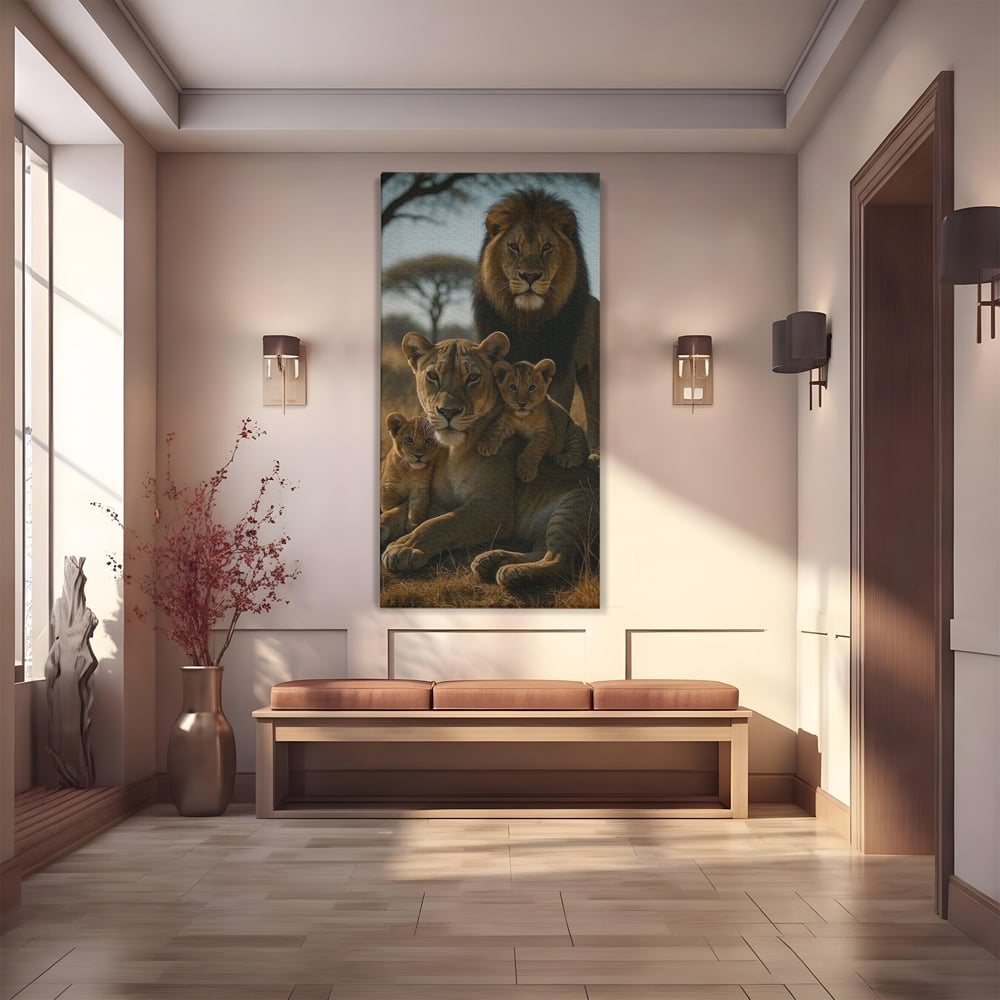 Tablou canvas cu tablou canvas cu familie de lei in savana, fara rama, pe sasiu de lemn